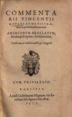 Commentarii Vincentii Lupani de magistratibus et praefecturis Francorum