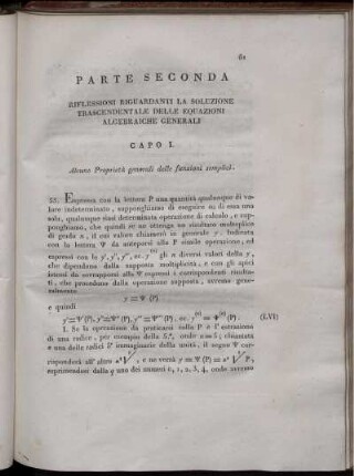 Parte Seconda. Riflessioni Riguardanti la Soluzione Trascendentale delle Equazioni Algebraiche Generali.