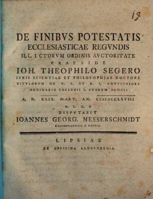 De finibus potestatis ecclesiasticae regundis disp.