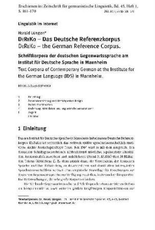 DEREKO - Das Deutsche Referenzkorpus. Schriftkorpora der deutschen Gegenwartssprache am Institut für Deutsche Sprache in Mannheim