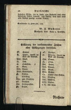 Erklaerung der vorkommenden Zeichen oder Abkuerzungen derselben