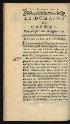 Entretien neuvième. Le domaine de l'homme, prouvé par son imagination.