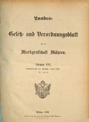 Landes-Gesetz- und Verordnungsblatt für die Markgrafschaft Mähren, 1892
