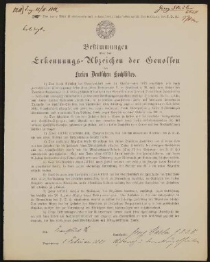 Bestimmungen über das Erkennungs-Abzeichen der Genossen des Freien Deutschen Hochstifts - Georg Stadler