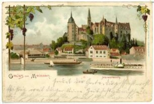 Meißen. Burgberg mit Albrechtsburg, Elbe, "Dampfer Saxonia" und Boote