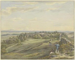 Burghof der Ruine Falkenstein mit Ausblick auf die Mainebene, den Odenwald und die Rheinberge