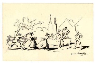 Postkarten mit humoristischen Zeichnungen aus dem Alpenkrieg, jeweils mit Zensurvermerk 06.12.1915: (Körperpflege am Dorfbrunnen)