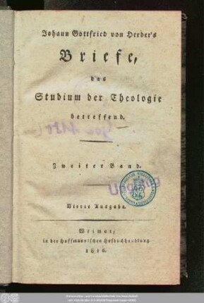 Bd. 2: Johann Gottfried von Herder's Briefe, das Studium der Theologie betreffend