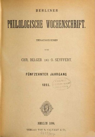 Berliner philologische Wochenschrift, 15. 1895 (1896)