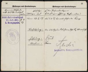 Militärpaß von Max Hermann Angermann : Militärpass, aufgeschlagen, Seite 14 und 15, von Grenadier Max Hermann Angermann (1. Ersatz-Bataillon, 1. (Leib-) Grenadier-Regiment No 100, 1. Kompanie), ausgestellt am 5. Februar 1916, Dippoldiswalde. Dresden: SLUB Mscr.Dresd.Aut.3079