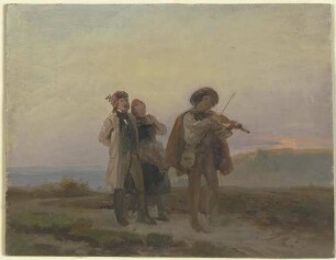 Abendlicher Spaziergang, Geiger und Bauernpaar auf den Feldern