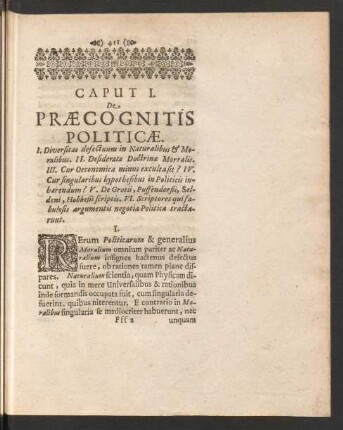Caput I. De Praecognitis Politicae.