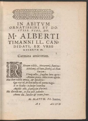 In Abitum ... Dn. M. Alberti Timanni ... Carmina amicorum.