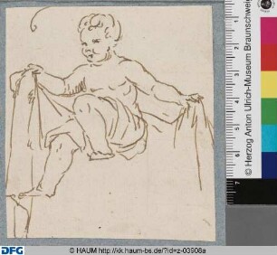 Sitzender Putto mit Draperie nach links gewandt