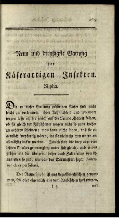 Neun und dreyßigste Gattung der Käferartigen Insekten. Silpha.