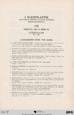I. Kleinplastik (und einzelne grössere plastische Bildwerke) Medaillen-Modelle. (No. 1-334)