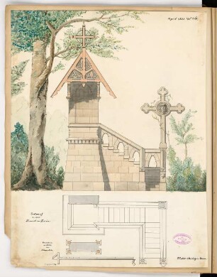 Kanzel im Freien Monatskonkurrenz April 1888: Grundriss, Aufriss Vorderansicht 1:25; Maßstabsleiste