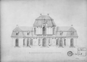 Marcolinipalais. Aufriß der Hoffront, lavierte Zeichnung, um 1750