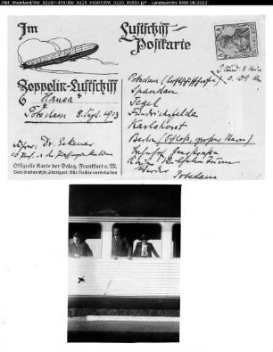 Bildmontage betr. Fahrt Zeppelin Hansa, 08.08.1913, Luftschiff - Postkarte, Fluggäste in Gondel (Ausschnitt)