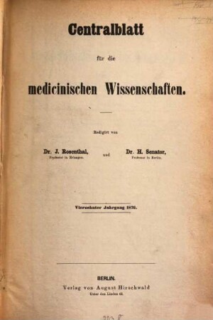 Centralblatt für die medicinischen Wissenschaften, 14. 1876