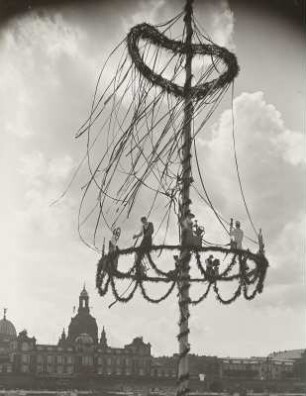 Dresden. Maibaum auf dem Thingplatz am Neustädter Ufer gegen die Brühlsche Terrasse