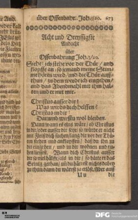 Acht und Dreyssigste Andacht über Offenbahrung Joh. 3 / 20.