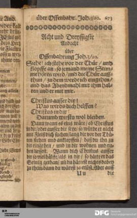 Acht und Dreyssigste Andacht über Offenbahrung Joh. 3 / 20.