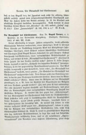 591-593 [Rezension] Dorner, August, Die Metaphysik des Christentums