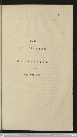 No. II. Kopfsteuer. Capitation. 1,421,700 Thlr