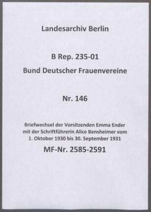 Briefwechsel der Vorsitzenden Emma Ender mit der Schriftführerin Alice Bensheimer vom 1. Oktober 1930 bis 30. September 1931