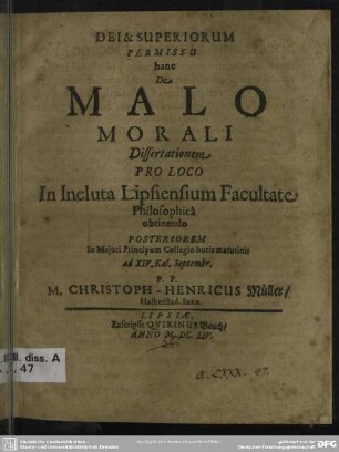 De malo morali dissertationem ... posteriorem