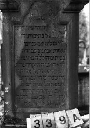 Grabstein 339 (Index: 99752536) Material: Sandstein Zustand: abgeblättert mit Textverlust Maße HxBxT: 163x49x28 cm Beschreibung: eingezog. Rundbogenabschl. m. stilisiert. Mittel-u. Eckakroteren, Schrift eingetieft Symbolik: Ranken: Grabstein 339A