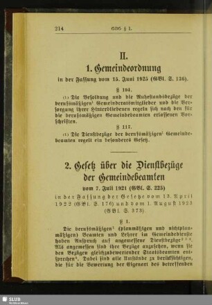 II. [1. Gemeindeordnung ... 2. Gesetz über die Dienstbezüge der Gemeindebeamten ...]