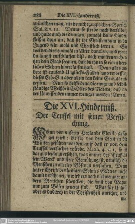 Die XVI. Hinderniß. Der Teuffel mit seiner Versuchung