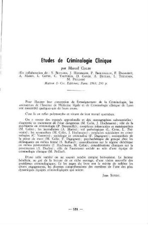 521, Etudes de Criminologie Clinique, pa Marcel Colin