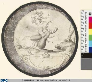 Geschichte des Aktäon, Rundbilder mit silberner Halbmondfassung und Schrifttafeln