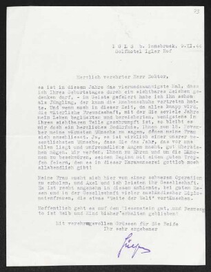 Brief von Hans von Hülsen an Gerhart Hauptmann