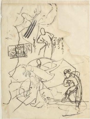 Studien mit Figuren und Skizzen eines Triptychons (recto) Figurenstudie; Notizen: »die Mitte färben / Kuniyoshi / mehr nach unten« (verso)