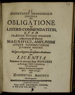 Dissertatio Inauguralis Iuridica De Obligatione Ex Literis Commendatitiis
