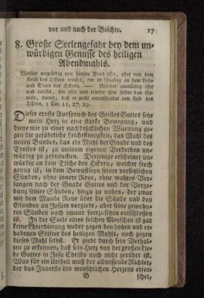8. Große Seelengefahr bey dem unwürdigen Genusse des heiligen Abendmahls.
