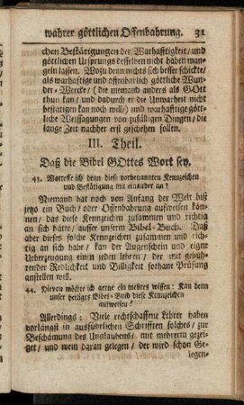 III. Theil. Daß die Bibel Gottes Wort sey.