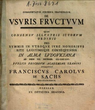 Commentatio Iuridica Inauguralis De Usuris Fructuum