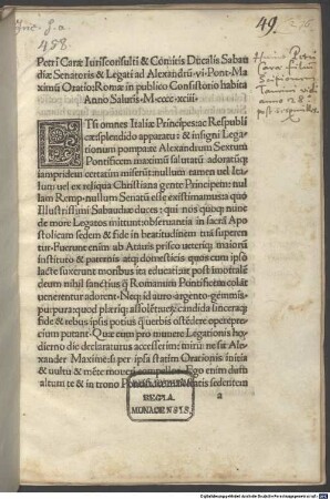 Oratio ad Alexandrum VI. pontificem maximum : Rom, 1493