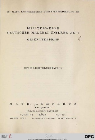 Nr. 391: Math. Lempertz'sche Kunstversteigerung: Meisterwerke deutscher Malerei unserer Zeit, Orientteppiche : [30. Oktober 1937]