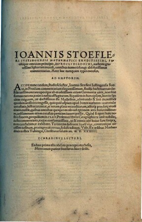 Ioannis Stoefleri Ivstingensis Mathematici Ervditissimi ... in Procli Diadochi, authoris grauissimi Sphaeram mundi, omnibus numeris longe absolutissimus commentarius : Ante hac nunquam typis excusus