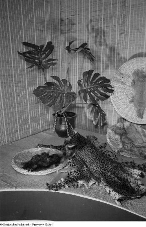 Felle und Fensterblatt der indischen Sektion auf der Leipziger Herbstmesse 1954