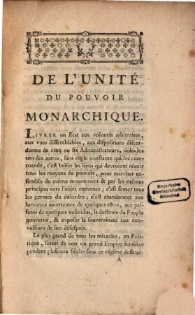 De l'unité du pouvoir monarchique