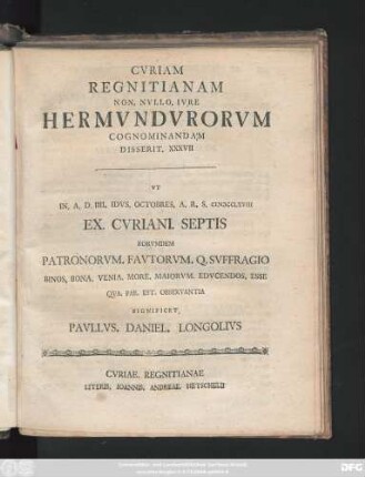 37: Cvriam Regnitianam Non. Nvllo. Ivre Hermvndvrorvm Cognominandam Disserit ...