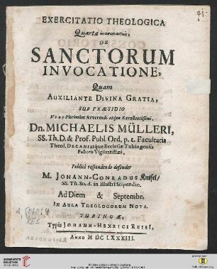 Exercitatio Theologica Quarta anaskeuastikē, De Sanctorum Invocatione