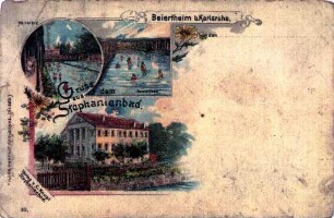 Stephanienbad Beiertheim und Albverlegung. "Gruß aus dem Stephanienbad. Beiertheim bei Karlsruhe"